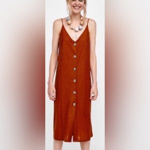 Zara  Burnt Orange Sleeveless Strappy Button Front Midi Shift Dress